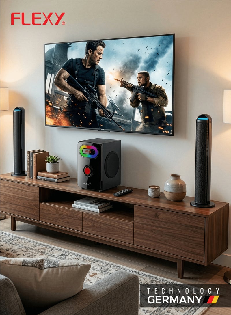Flexy FHT821RK-SL - 2.1 Home Theater 7500W PMPO with Bluetooth, AUX, USB, FM, LED, Satellite Soundbar, Superior HD Audio, Remote, 2-Year Warranty - Image 3